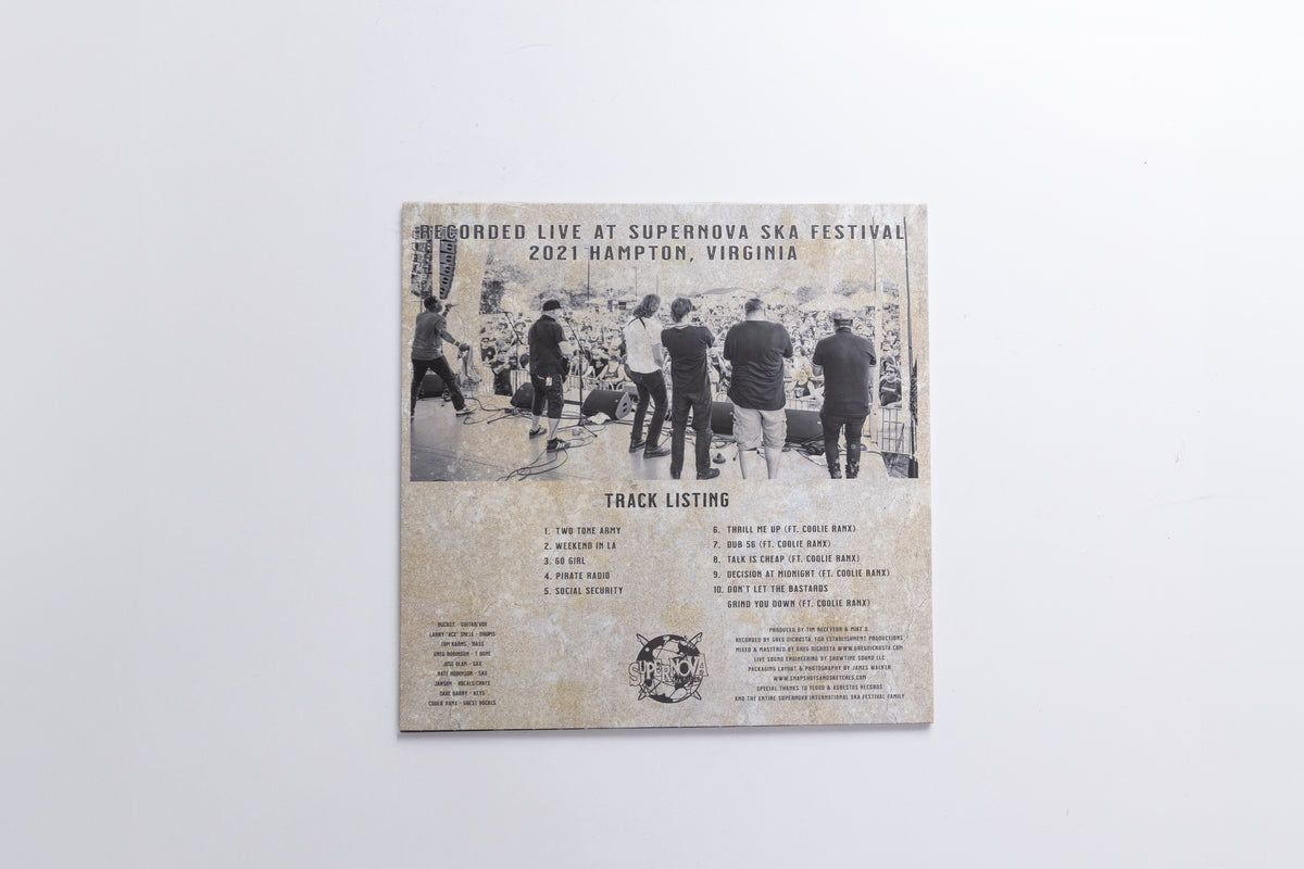 The back cover of a vinyl record sleeve for 'Recorded Live at Supernova Ska Festival 2021 Hampton, Virginia' by the band Super Nova, displayed against a clean white background.